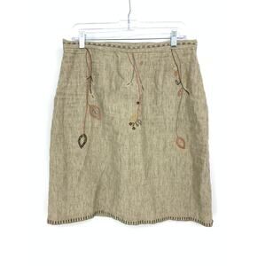 Vintage J. Jill A-Line Skirt Womens 14P Khaki Linen Embroidered Leaf Print